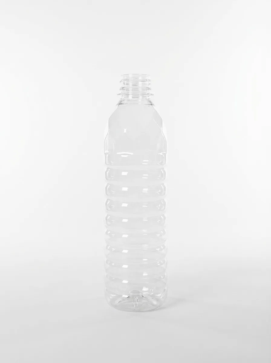 Clear PET water bottle with horizontal ribbed body