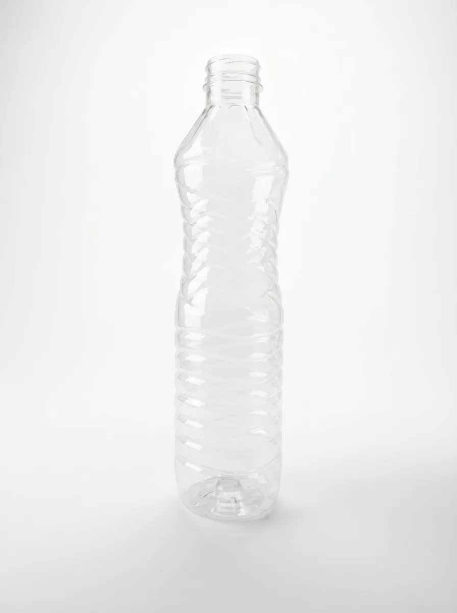Clear PET bottle with diagonal spiral ribbing pattern