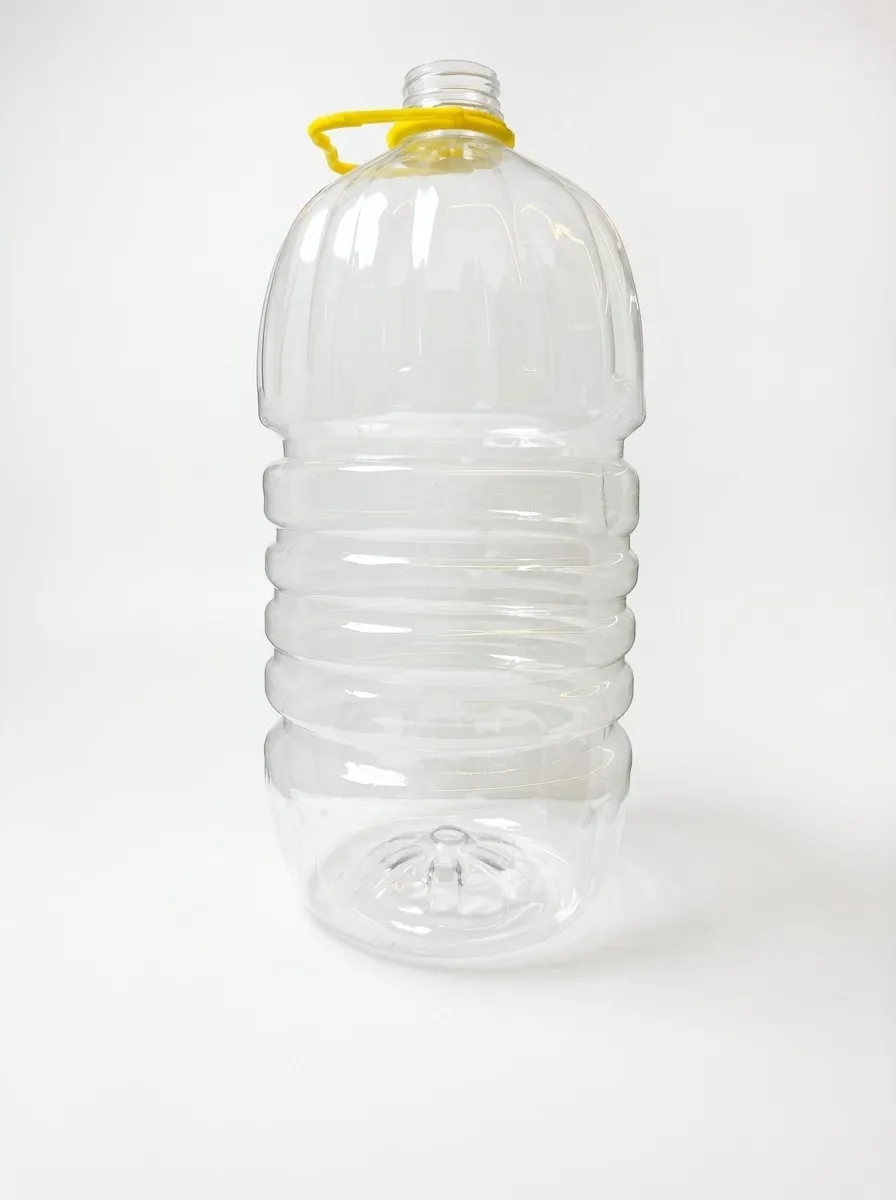 Large clear PET gallon with yellow handle and dome top
