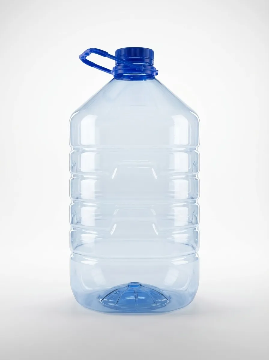 Blue-tinted PET water gallon with blue cap and handle