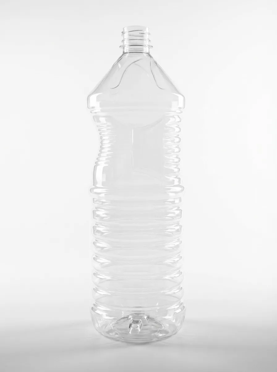 Large clear PET bottle with pointed shoulder and tight ribbing