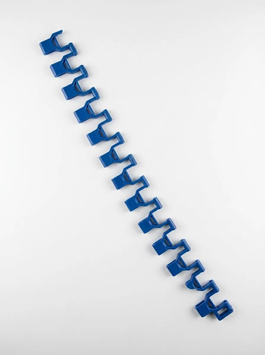 Row of blue plastic injection-molded industrial clips