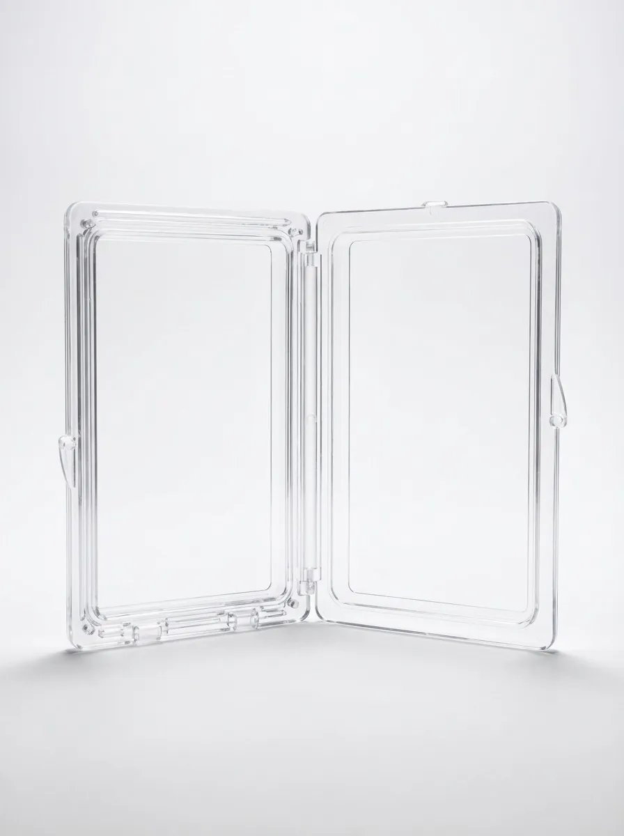 Clear hinged plastic display case opened flat